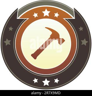 Hammer, repair, or fix icon on round red and brown imperial vector button with star accents Stock Vector
