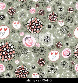 abstract seamless pattern with hearts and circles on a green background Stock Vector