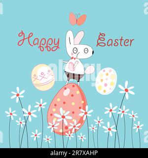 Funny Easter Bunny on a blue background with flowers and eggs Stock Vector
