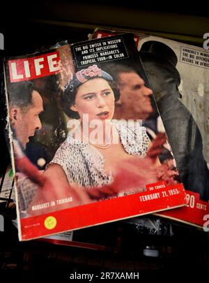 A copy of the Feb. 21, 1955 issue of Life magazine with British Princess Margaret on the cover for sale in an American antique shop. Stock Photo