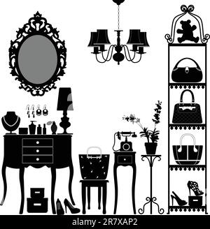 A scenario or interior design of a woman's room with accessories in silhouette. Stock Vector