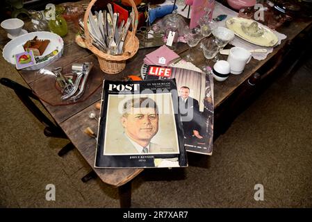 Vintage 1963 issues of The Saturday Evening Post and Life magazine  with John Kennedy an Lyndon Johnson on the covers in an American antique shop. Stock Photo