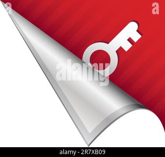 Skeleton key, password, or login icon on vector peeled corner tab suitable for use in print, on websites, or in advertising materials. Stock Vector