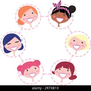 Cute multicultural woman in circle. Vector Illustration. Stock Vector
