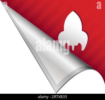Retro rocket icon on vector peeled corner tab suitable for use in print, on websites, or in advertising materials. Stock Vector