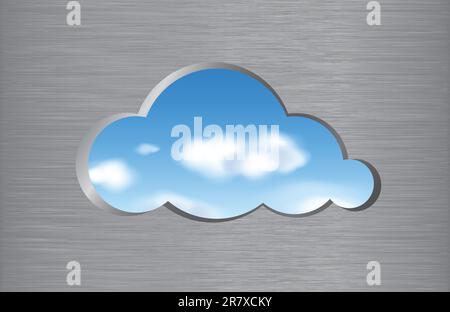 Cloud shape cut out from brushed metal wall with a view of the clouds in the sky. Cloud computing abstract concept. Vector illustration. Stock Vector