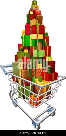 A shopping trolley cart with huge amount of gifts or presents stacked in it Stock Vector