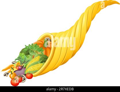 Illustration of thanksgiving or harvest festival cornucopia horn full of produce Stock Vector