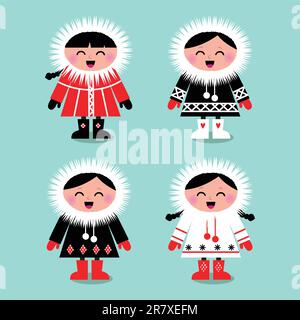 Happy eskimo children in retro style. Vector Illustration Stock Vector