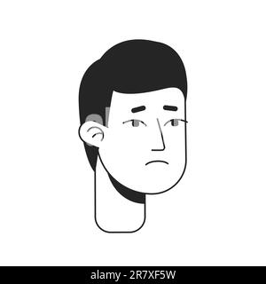 Upset young asian man monochrome flat linear character head Stock Vector