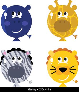 Cute animals faces on ballon - hippo, giraffe, zebra, lion. Vector Illustration Stock Vector