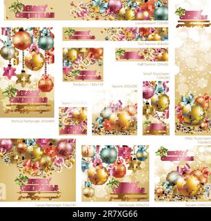 Collection of Christmas vintage banners with baubles and place for text. Vector illustration. Stock Vector