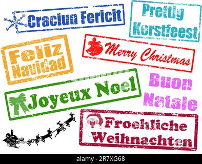 Merry Christmas stamps in different languages, vector illustration Stock Vector