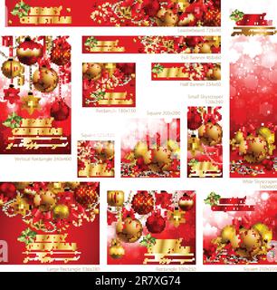 Collection of Christmas banners with baubles and place for text. Vector illustration. Stock Vector