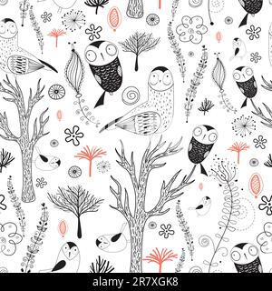 seamless graphic pattern of forest with owls on a white background decorative Stock Vector