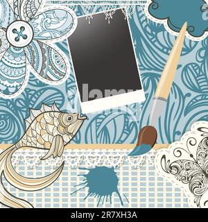 vector scrapbook design pattern on seamless  background. includes elements that can be used separately:photo frame, brush, fish,  butterfly, button... Stock Vector