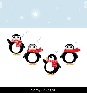 Cute Penguins singing christmas song. Vector Illustration Stock Vector