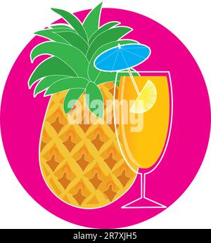 A pineapple with a green top, is on a cyan background. In the foreground, there is a pineapple cocktail in a tall stemmed glass, with a lemon wedge... Stock Vector