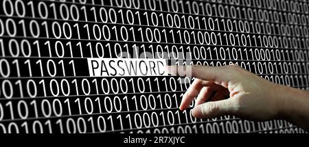 Hand on Password. Password with binary code. Cyber security and Password Hacker concept. Stock Photo
