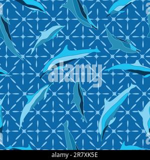 Dolphin Seamless Pattern, Marine Sea Creature. Clymene dolphin vector illustration. Perfect for Textile, Wallpaper, Packaging and fashion print. Stock Vector