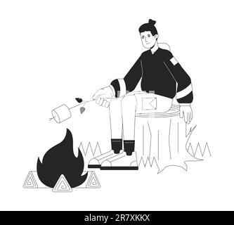 Making campfire marshmallow bw vector spot illustration Stock Vector