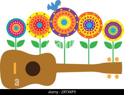 A horizontal image of a brown ukulele, with stylized flowers and a blue bird springing up from the ukulele. Stock Vector