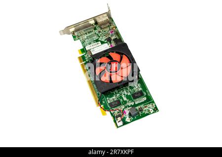 Old model computer graphic card on white background: Swat, Pakistan - May 26, 2023. Stock Photo