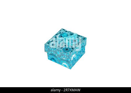 Blue square gift box with ribbon isolated on a white background Stock Photo