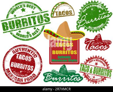 Set of grunge rubber stamps  with  the words tacos and burritos written inside, vector illustration Stock Vector