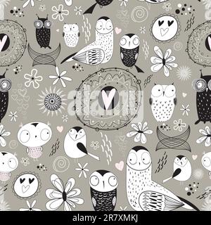 Seamless floral pattern with owls in love on a brown background Stock Vector