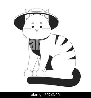 Cute tabby cat wearing summer hat flat line black white vector character Stock Vector