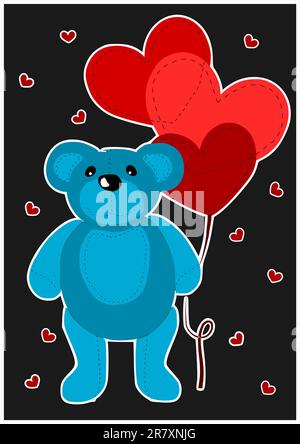 Blue teddy bear with red balloons hearts - vector. Stock Vector