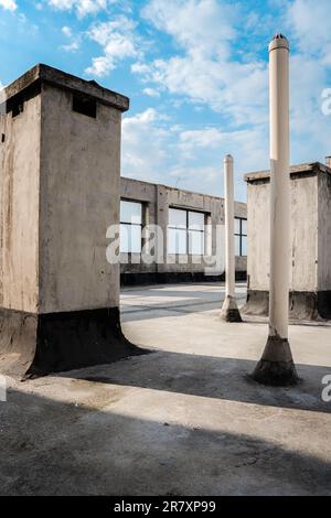 Chimney on the rooftop of a residential building. Stock Photo