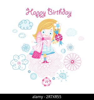 bright greeting card with a funny little girl in floral background Stock Vector