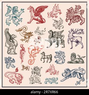 vector set of heraldic beasts isolated on light background Stock Vector