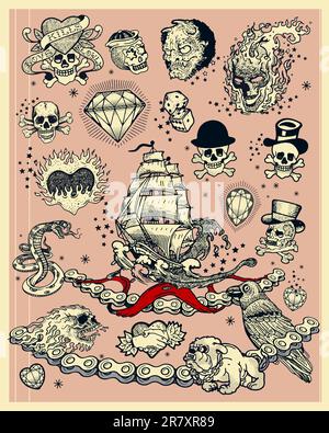 vector set of tattoos isolated on light pink background Stock Vector
