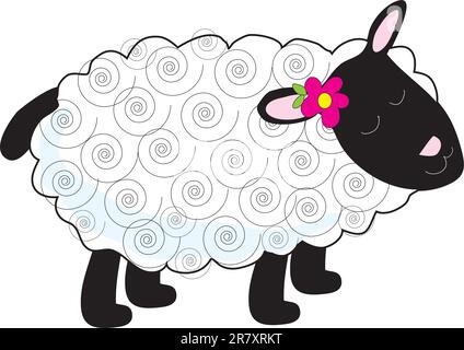 A little lamb has a curly, white coat and black face, legs and tail. A small flower sits beside one of her pink ears. Stock Vector