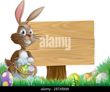 The Easter bunny holding a basket of Easter eggs with more Easter eggs around him by a wood sign board Stock Vector