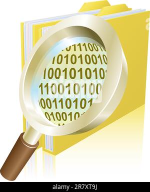 Conceptual illustration of magnifying glass searching binary data file folder Stock Vector