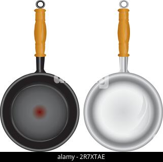 Steel and Teflon pans with a wooden handle. Vector illustration. Stock Vector