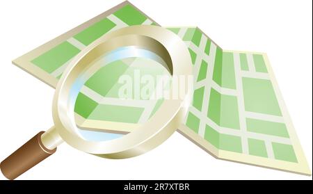 Magnifying glass zooming on map search concept illustration Stock Vector