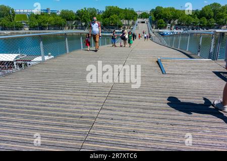 Paris, France, Families, Crowd People, Tourists, Walking, Street Scenes, Seine River, 13th District, Pedestrian Bridge, Passerelle Simone de Beauvoir, Stock Photo