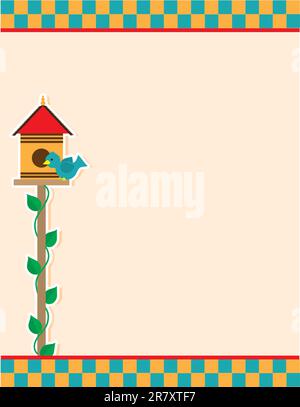 A background of a birdhouse and blue colored bird, atop a vine covered pole; includes a checkered header and footer. Stock Vector