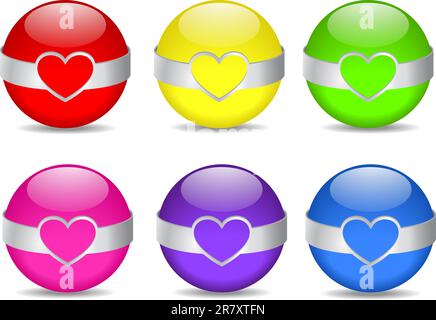 Set of six colored glossy spheres with metal rim with shape of heart Stock Vector