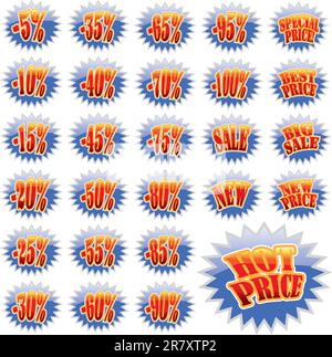 Set of Blue discount label stars with red text Stock Vector