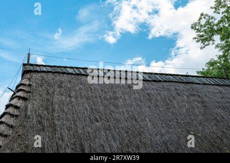 Thatched roof against the blue sky. Lightning protection. The ridge is covered with wooden planks Stock Photo