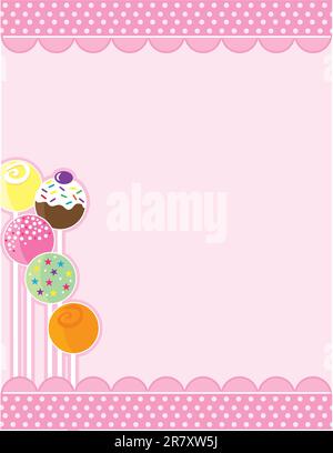 A pink background with top and bottom decorative borders. A stand of candy pops embellishes the left margin. Stock Vector