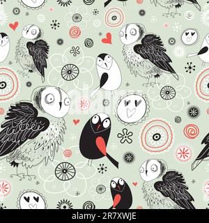 seamless pattern of the graphic love owls on a green light background Stock Vector