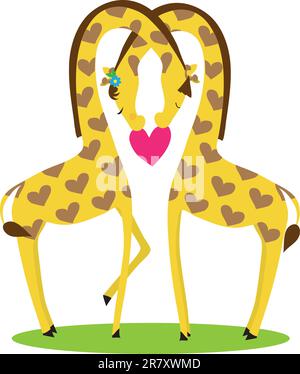 Two giraffes, male and female,  nestled together in the shape of a heart, above a red heart. Stock Vector