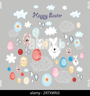 funny Easter card with colored eggs and rabbits on a brown background with clouds Stock Vector